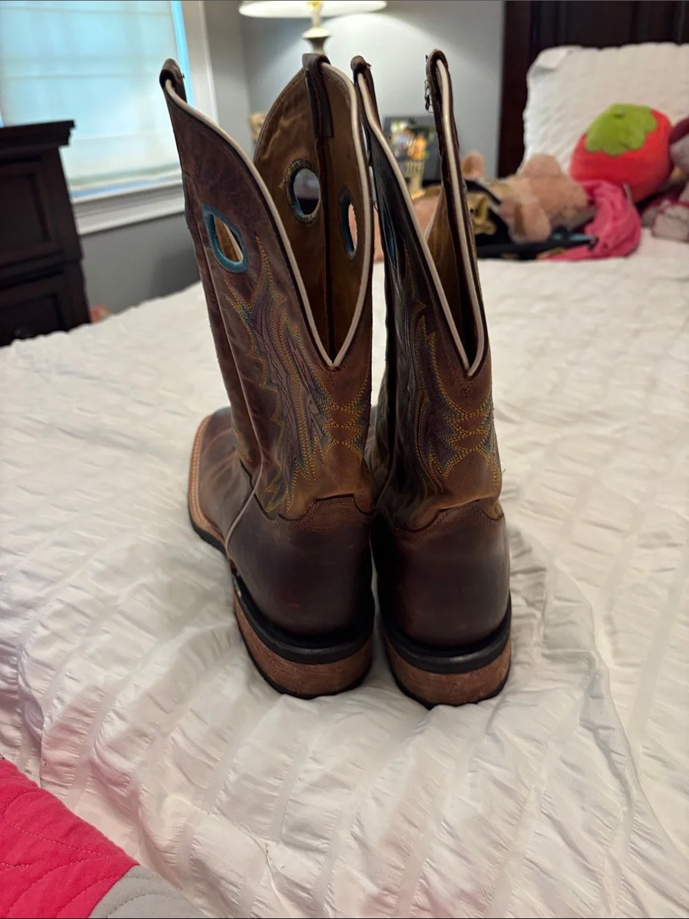 Tony Lama Brown Leather Western Work Boots with Multicolor Stitching